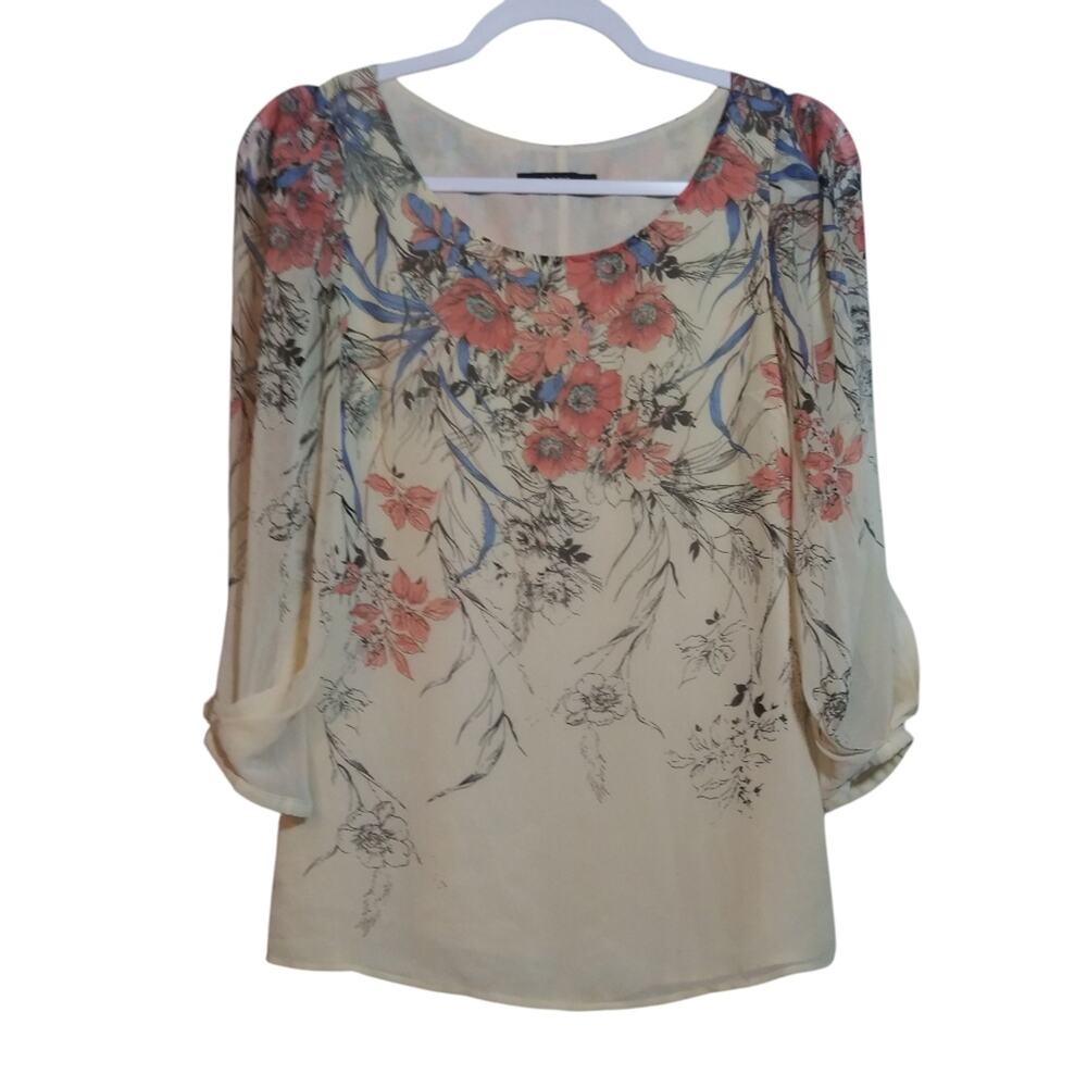 Oasis Cream Scoop-Neck Blouse with Coral and Blue Wild Flower Floral Print Sz 6